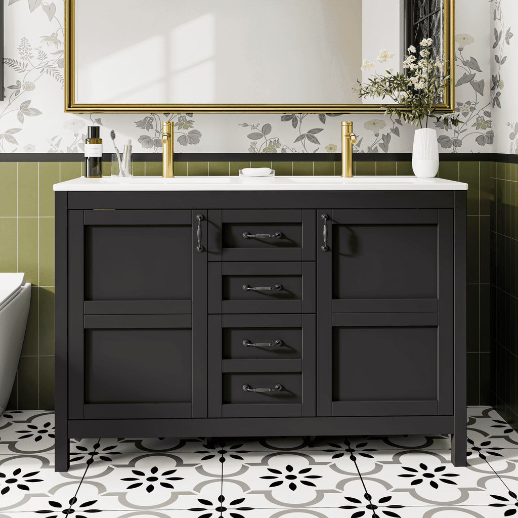 EVOKEDEN 48'' Bathroom Vanity with Sink Combo, Freestanding Farmhouse Thickened Wood Bathroom Storage Cabinet with Undermount Double Sink, 3 Drawers & 2 Soft-Close Doors with Organizers, Black