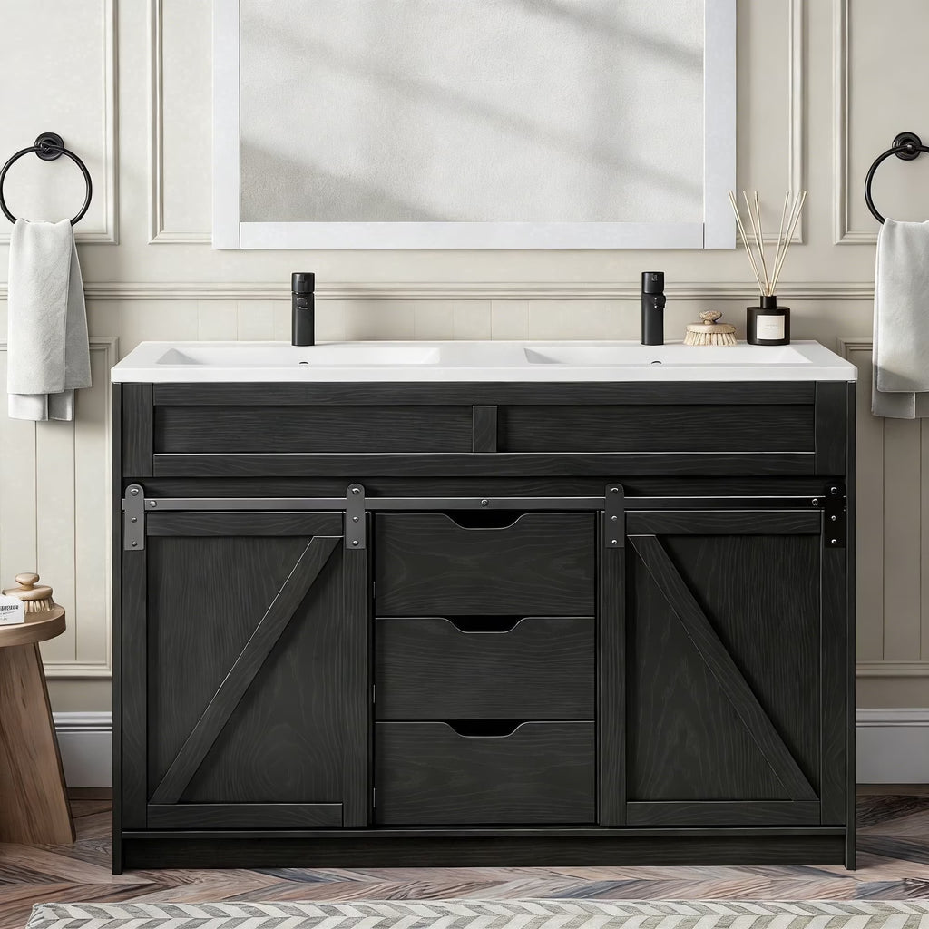 EVOKEDEN 48" Bathroom Vanity with Double Sink Combo, Farmhouse Bathroom Cabinet Set with Sliding Barn Door & 3 Drawers, Black