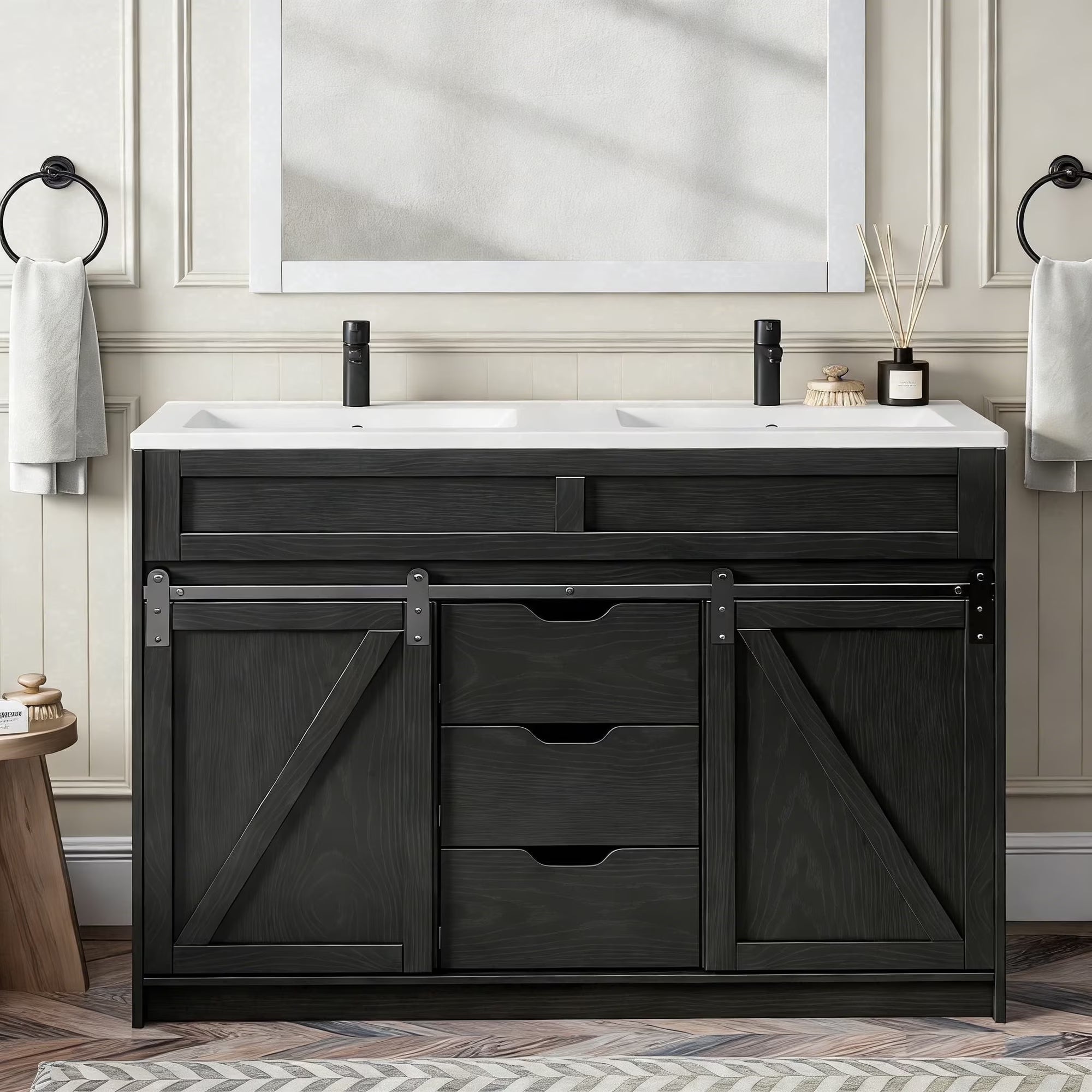 EVOKEDEN 48" Bathroom Vanity with Double Sink Combo, Farmhouse Bathroom Cabinet Set with Sliding Barn Door & 3 Drawers, Black