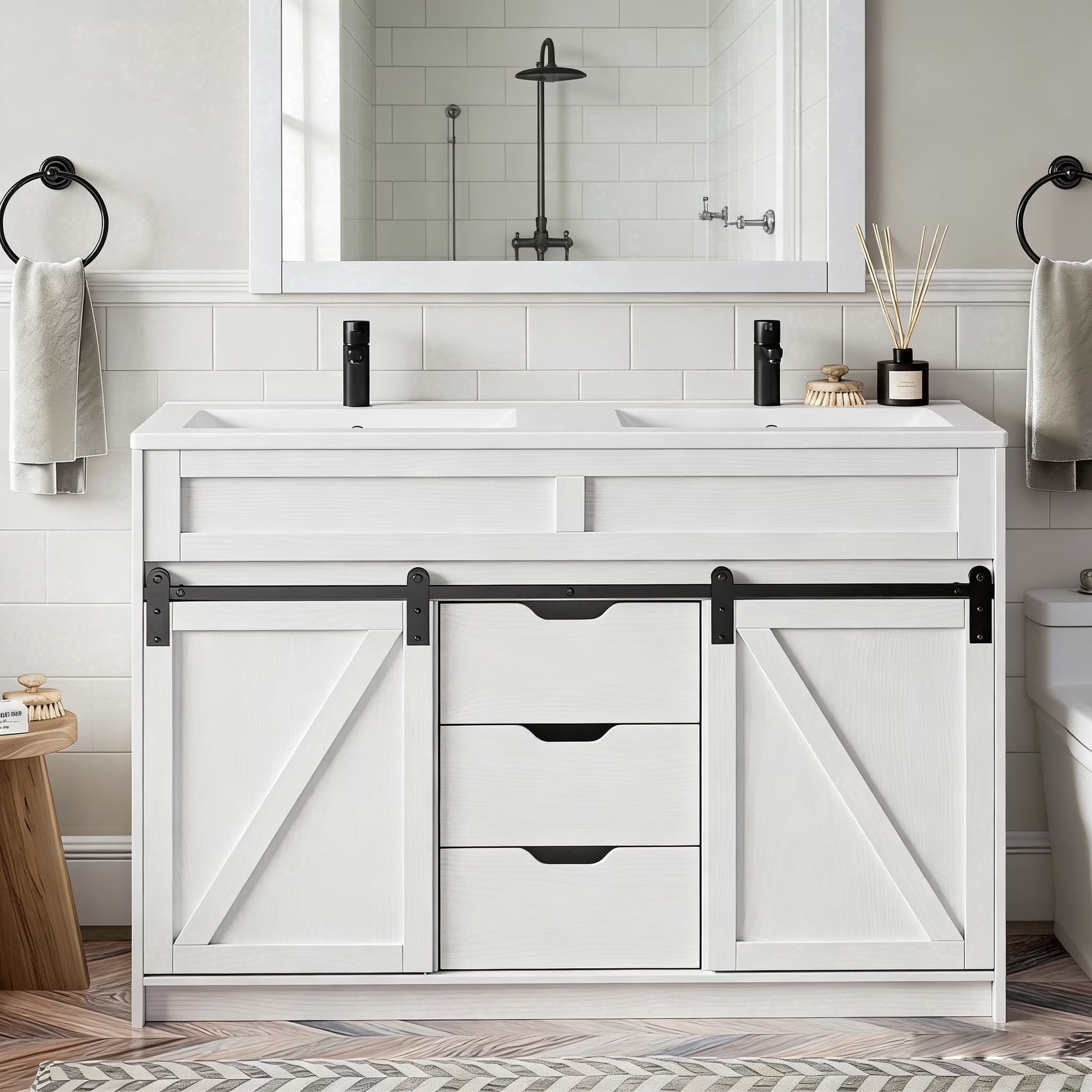 EVOKEDEN 48" Bathroom Vanity with Double Sink Combo, Farmhouse Bathroom Cabinet Set with Sliding Barn Door & 3 Drawers, White