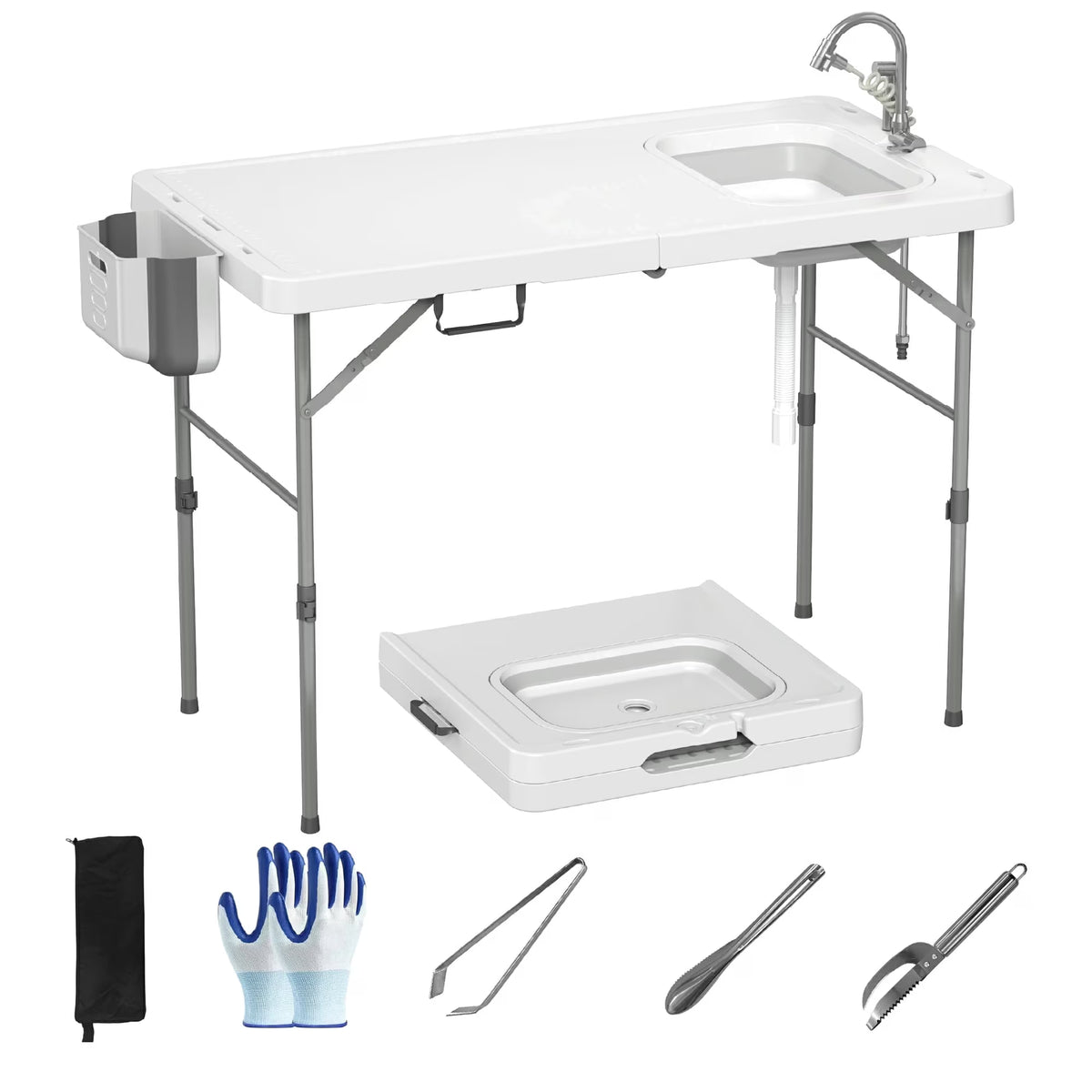 EVOKEDEN 50" Fish Cleaning Table w/ Sink Bi-Folding Portable Camping Sink Station with Drain Hose, Trash Can, Gloves and Cleaning Kits