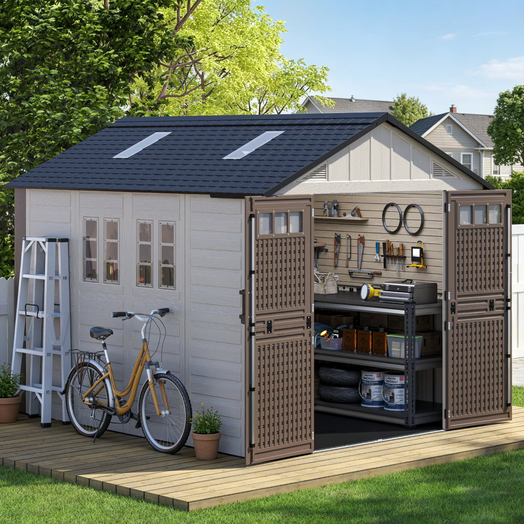 EVOKEDEN 8x10 FT Storage Shed with Floor, Waterproof HDPE Outdoor Tool House with Window & Skylight for Backyard Patio Lawn Pool Mower Bike Supplies