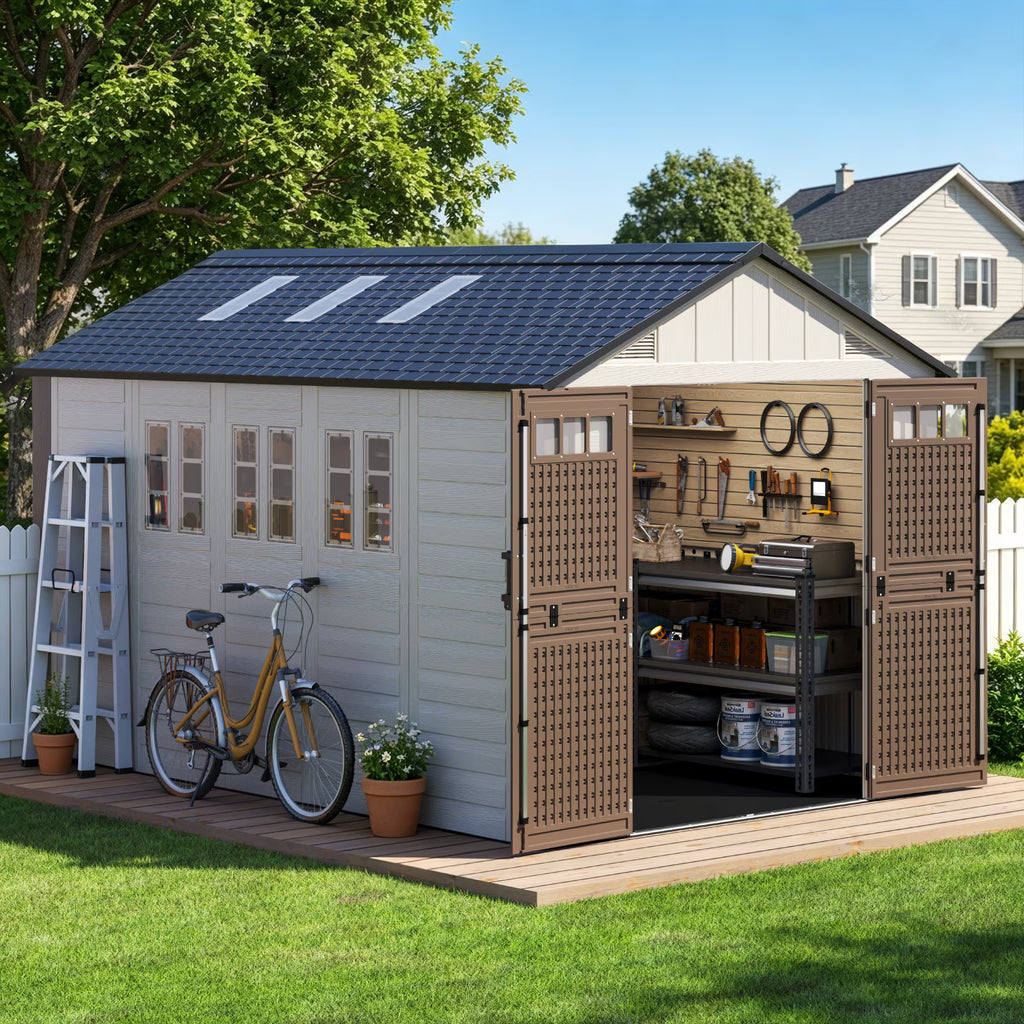 EVOKEDEN 8x12 FT Outdoor Storage Shed with Floor, Waterproof HDPE Garden Tool House with Window & Skylight for Backyard Patio Lawn Pool Mower Bike Supplies