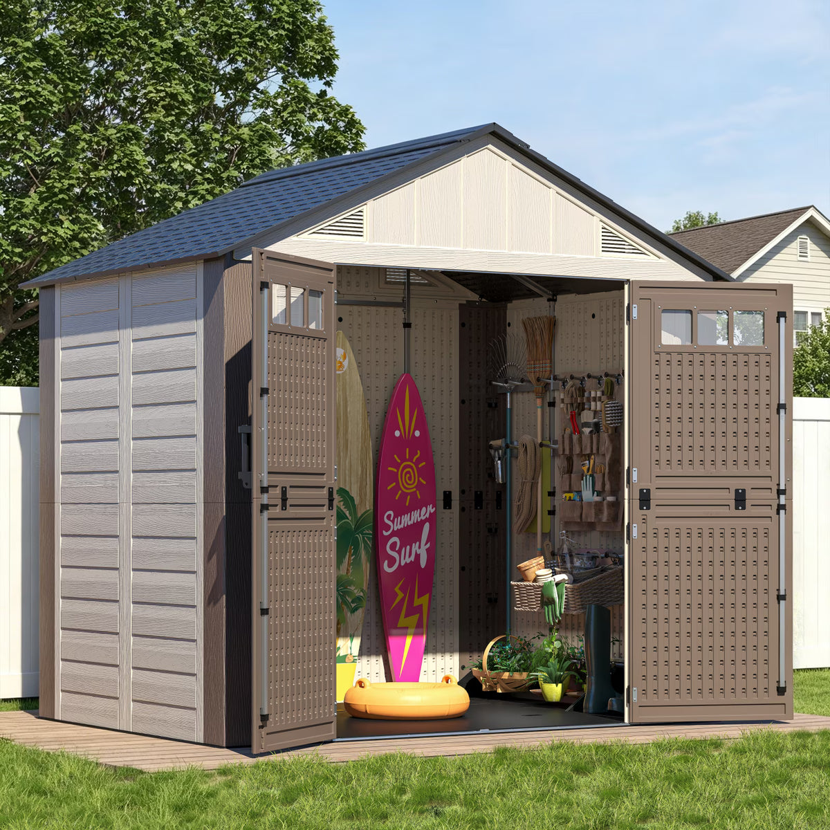 EVOKEDEN 8x6 FT Outdoor Storage Shed with Floor, Heavy Duty Durable Sheds with Double Doors, UV Resistant & Waterproof Garden Tool House for Backyard, Patio