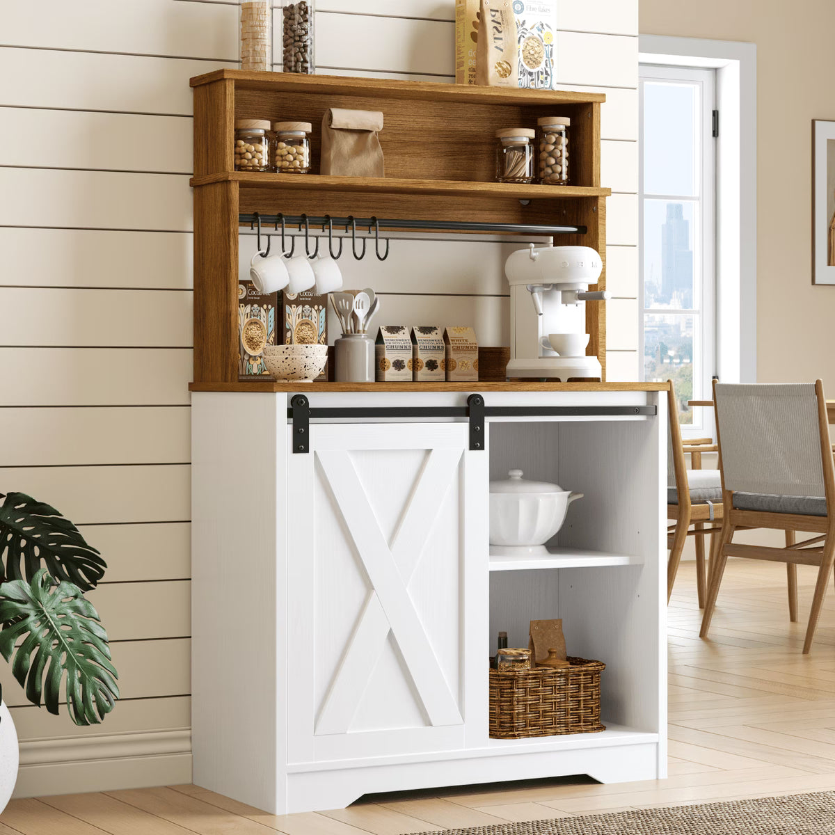 EVOKEDEN Farmhouse Coffee Bar Cabinet w/ LED Light 55'' Bakers Rack w/ Storage White