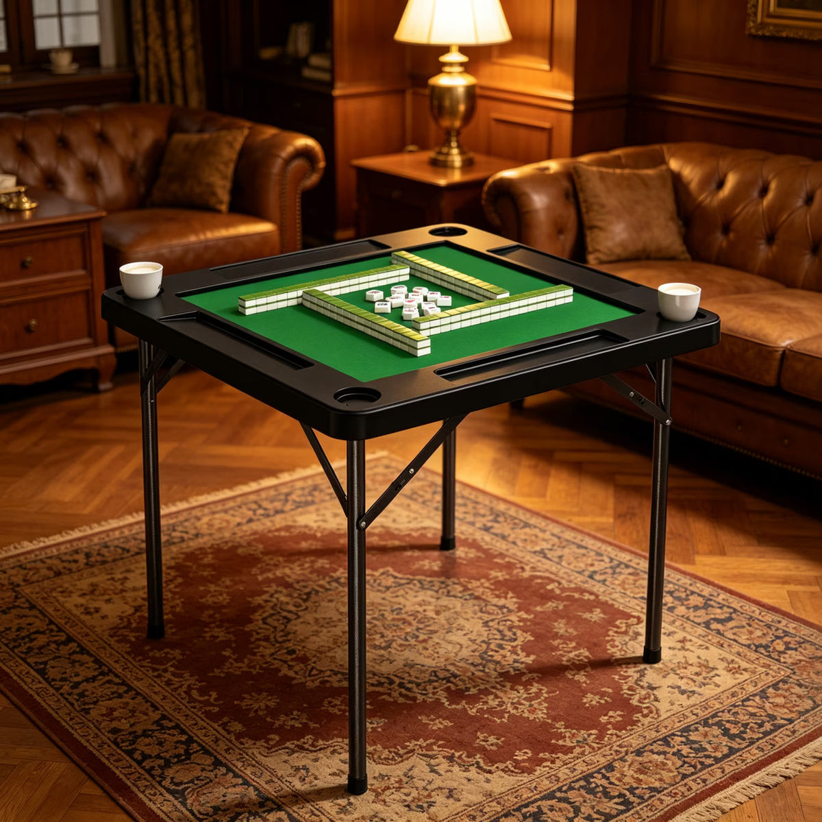 EVOKEDEN 35.4" Folding Mahjong Table with Cup Holder & Green Felt, Portable Domino Tables for 4 Players, Black