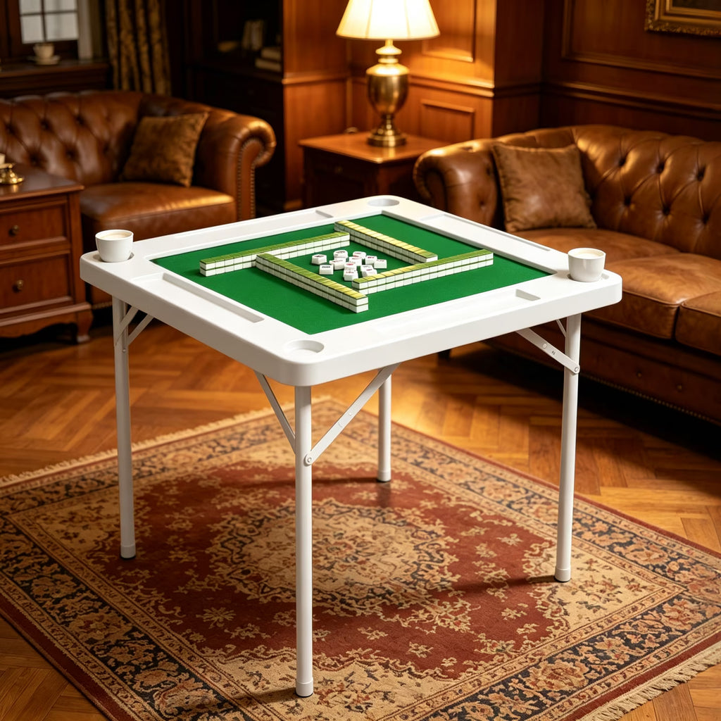 EVOKEDEN 35.4" Folding Mahjong Table with Cup Holder & Green Felt, Portable Domino Tables for 4 Players, White