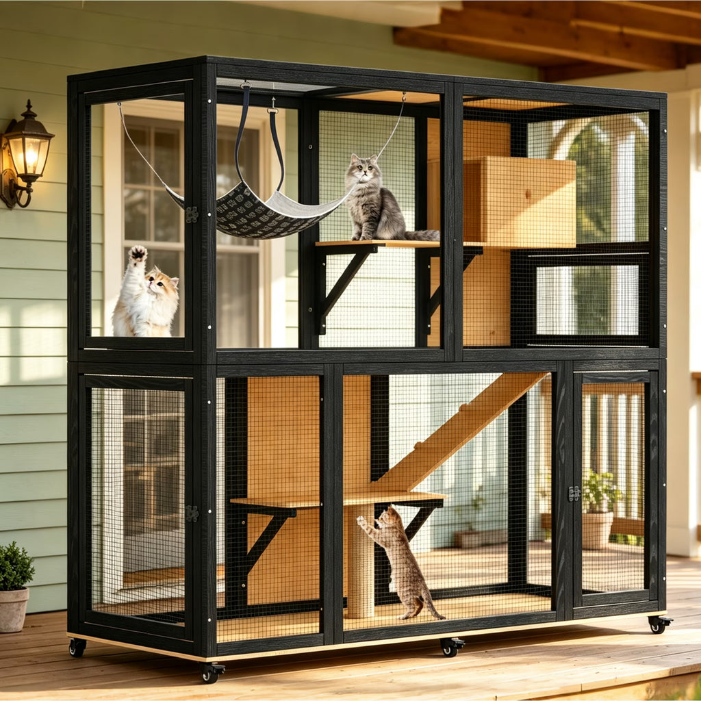 TIMHAKA 4-Tier Large Cat Enclosure House, Indoor & Outdoor Catio for Sunbathing, Black & Yellow