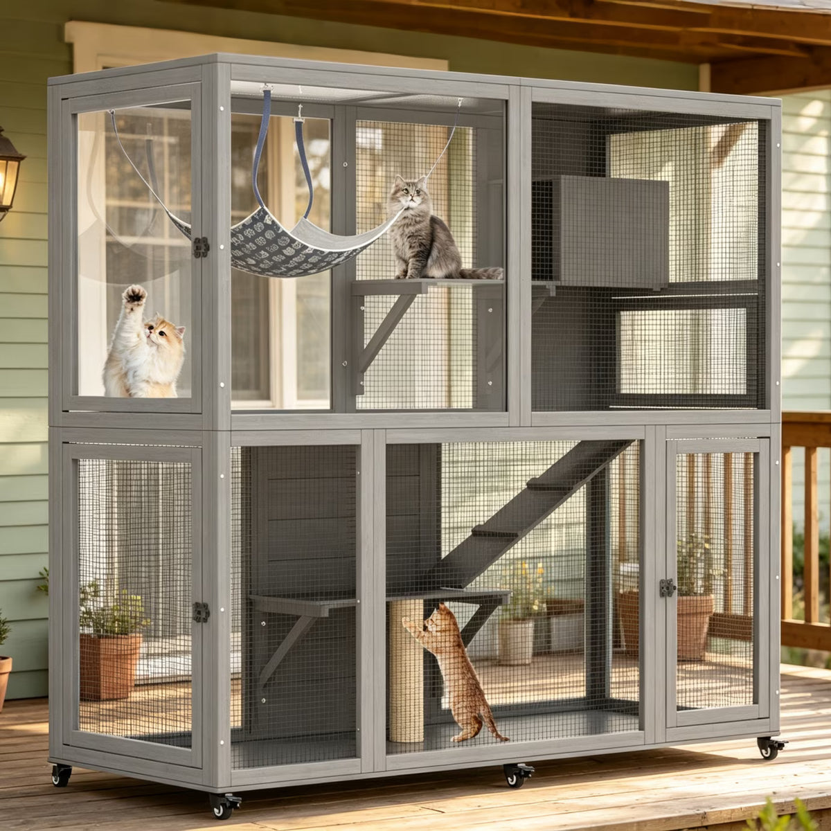TIMHAKA 4-Tier Large Cat Enclosure House with Wheels, Indoor & Outdoor Catio for Sunbathing, Gray