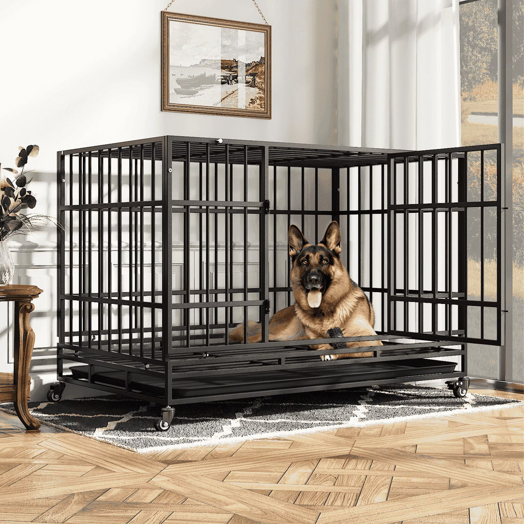TIMHAKA Heavy Duty 2-Door 48" Pet Kennel and Crate for Large Dogs with Wheels