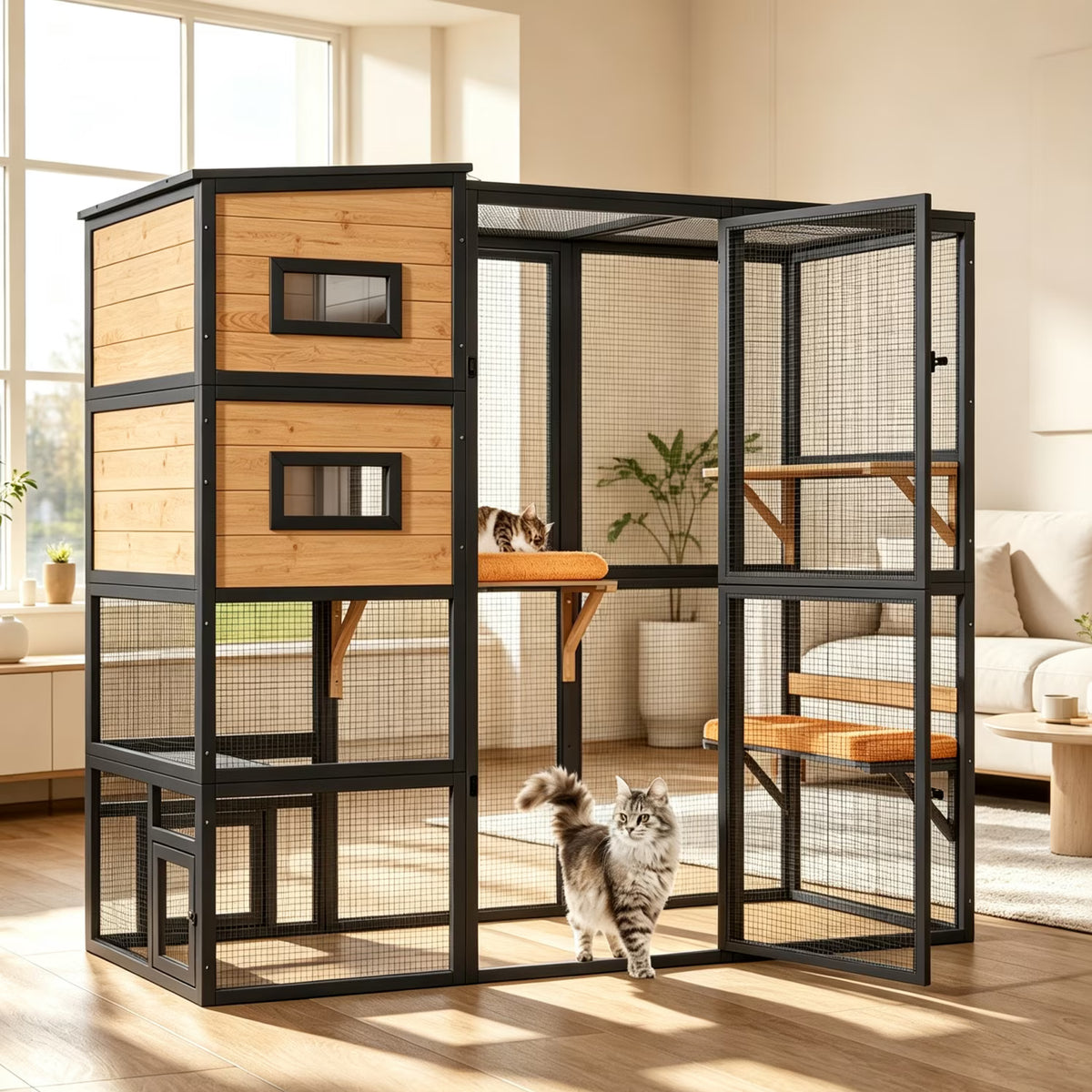 TIMHAKA Catio Outdoor Cat Enclosure Large Wooden Cat House for Multiple Cats w/ Resting Box, Platform, Waterproof Roof & Large Door, Black & Yellow