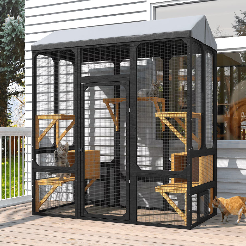 TIMHAKA 72” Catio Outdoor Cat Enclosure, Large Cat Catio for Multiple Cats, Outdoor Cats Enclosure with Waterproof Cover, Black & Yellow