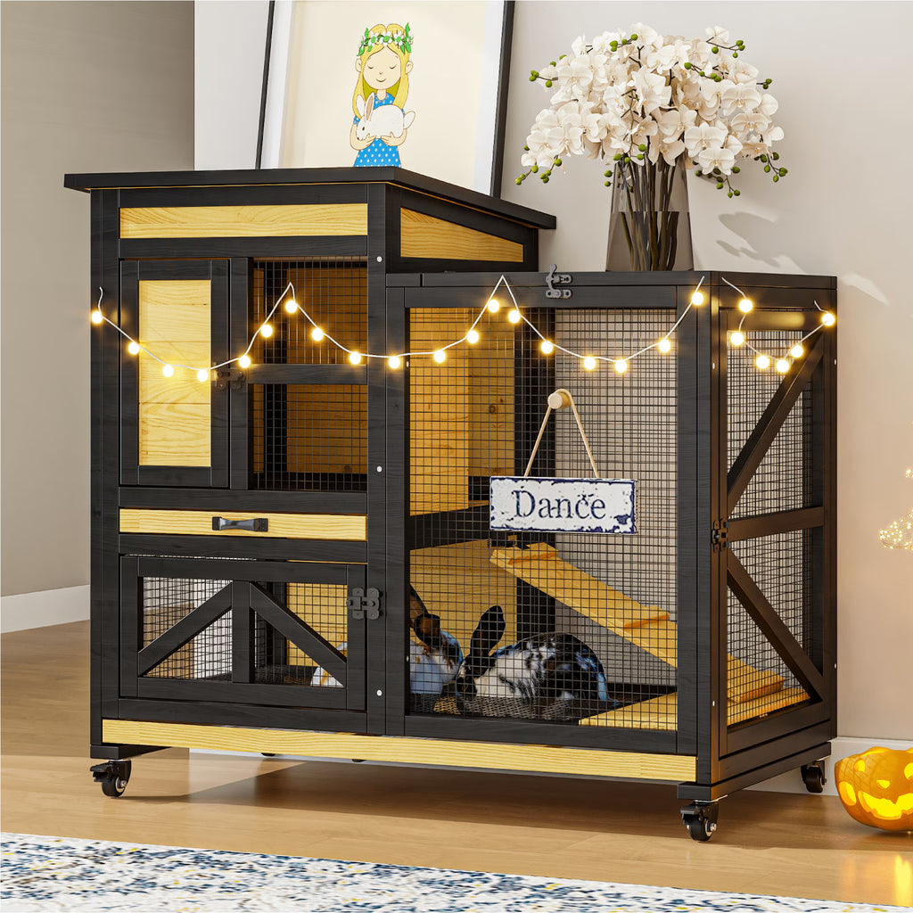 TIMHAKA Large 2-Story Rabbit Cage with Run – Indoor & Outdoor Bunny Hutch 2 Removable Trays, Waterproof Roof, 4 Metal Wheels