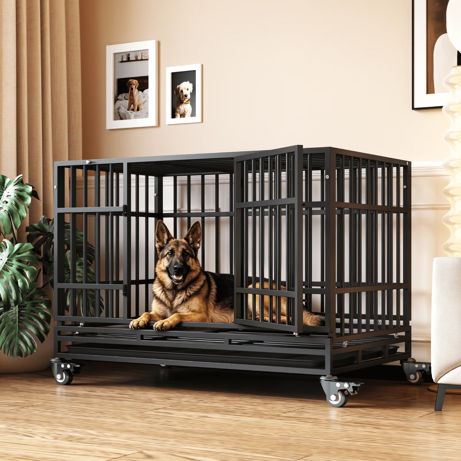 TIMHAKA 48 Inch Heavy Duty Indestructible Dog Crate w/ Double Doors Indoor Extra Large Dog Crate w/ Self-Locking Latch & Removable Tray