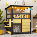 TIMHAKA Weatherproof Outdoor Cat House – 2-Story Feral Shelter with Escape Door, Wooden Dog Condo for Pets, Pull-Out Bottom & Scratching Mat Yellow
