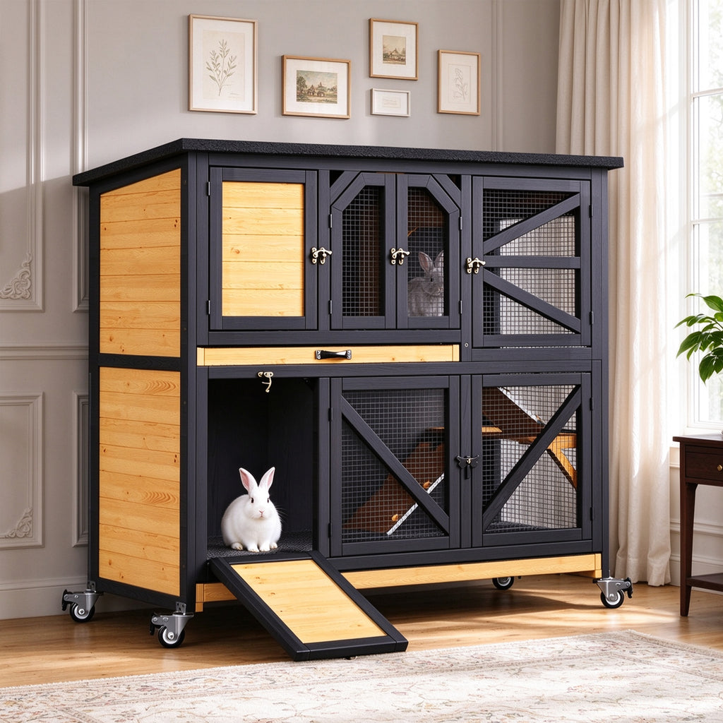 TIMHAKA Two-Story Wooden Rabbit Hutch w/ Wheels, Indoor & Outdoor Bunny Cage, Guinea Pig Cage w/ Removable Trays