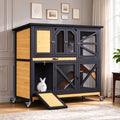 TIMHAKA Two-Story Wooden Rabbit Hutch w/ Wheels, Indoor & Outdoor Bunny Cage, Guinea Pig Cage w/ Removable Trays