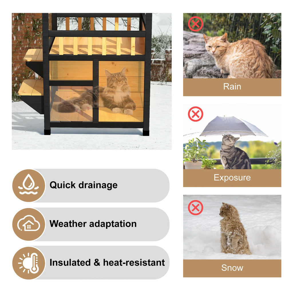 TIMHAKA Weatherproof Outdoor Cat House – 2-Story Feral Shelter with Escape Door, Wooden Dog Condo for Pets, Pull-Out Bottom & Scratching Mat Yellow