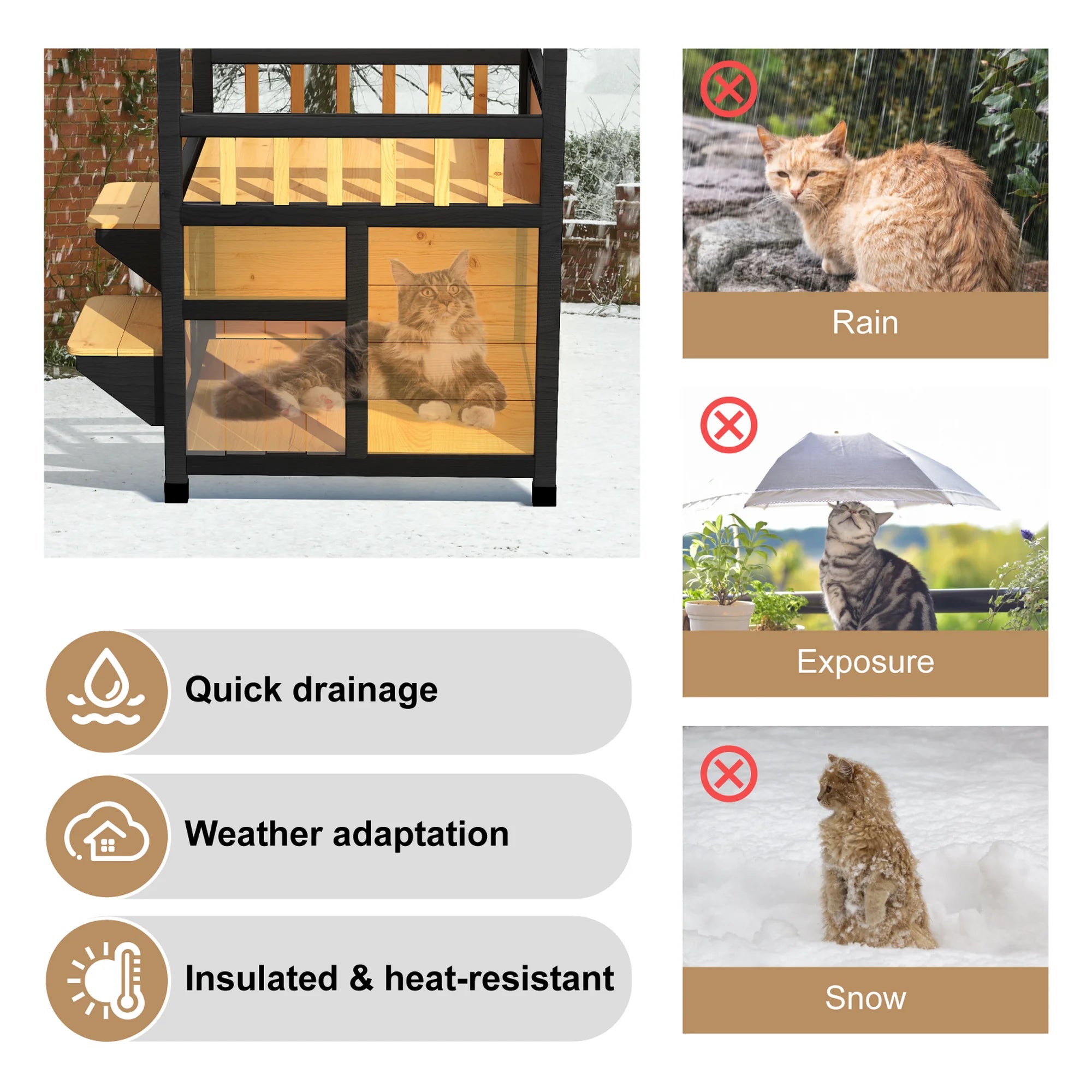 TIMHAKA Weatherproof Outdoor Cat House – 2-Story Feral Shelter with Escape Door, Wooden Dog Condo for Pets, Pull-Out Bottom & Scratching Mat Yellow
