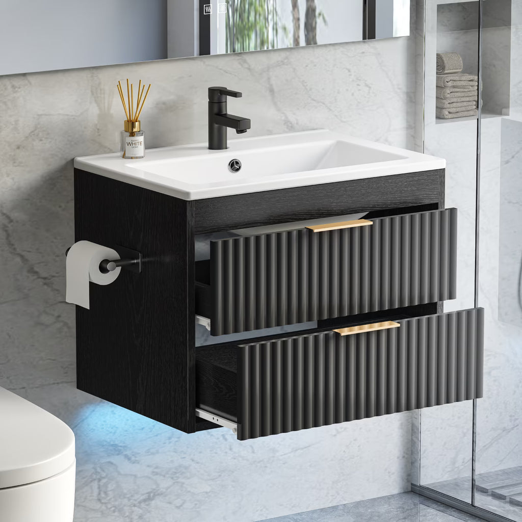 EVOKEDEN 24” Floating Bathroom Vanity with Sink, Wall-Mounted Vanity with 2 Drawers & LED Light, Black