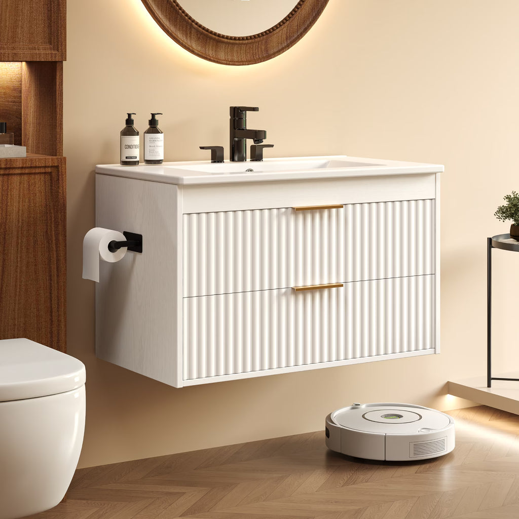 EVOKEDEN 30” Floating Bathroom Vanity with Sink, Wall-Mounted Vanity with 2 Drawers & LED Light, White