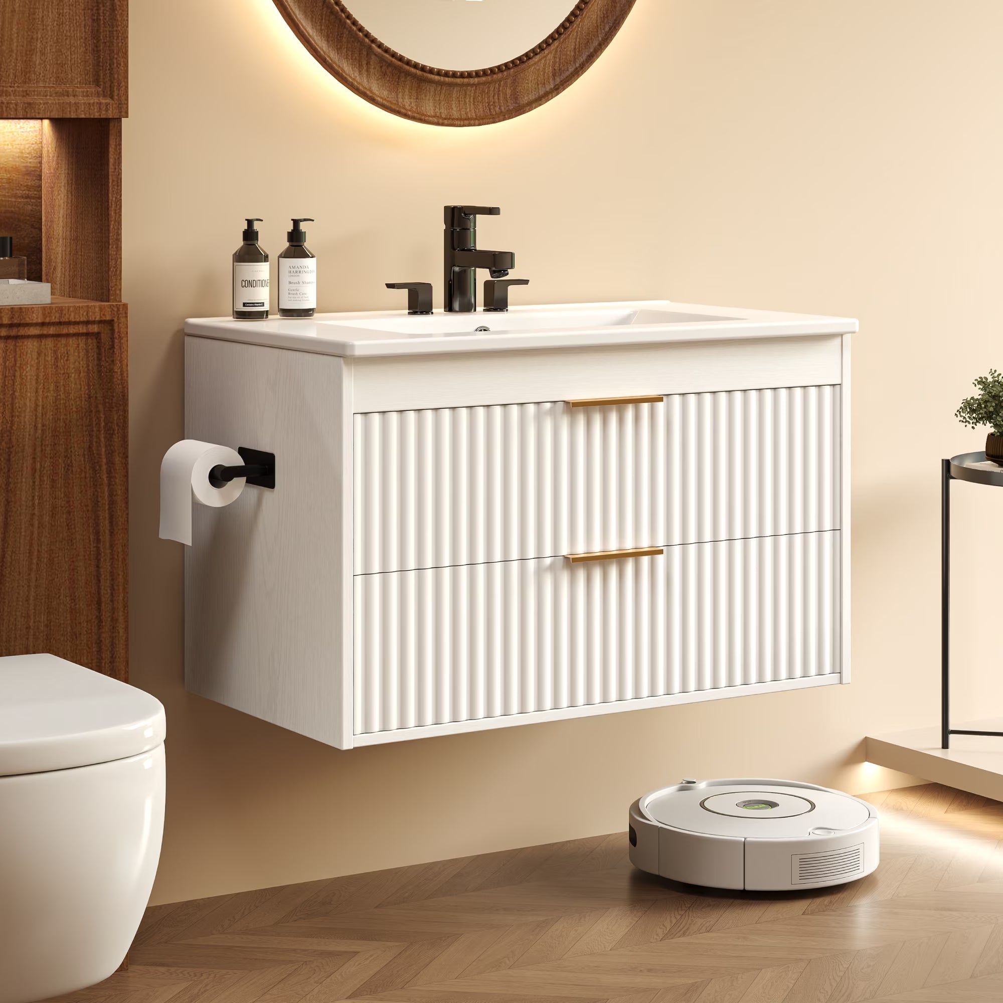 EVOKEDEN 30” Floating Bathroom Vanity with Sink, Wall-Mounted Vanity with 2 Drawers & LED Light, White