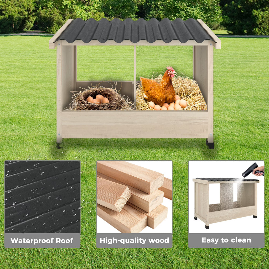 TIMHAKA Chicken Nesting Box, 2 Holes Wooden Chicken Coop w/ PVC Roof for Hens, Ducks, and Poultry