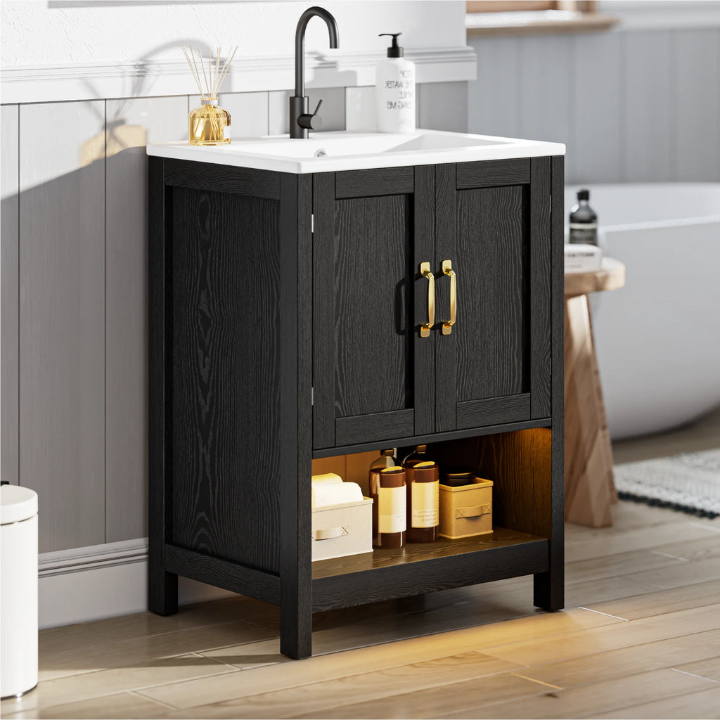 EVOKEDEN 24" Bathroom Vanity with Sink, Freestanding Modern Cabinet Vanity with LED Light, 2 Soft Closing Cabinet Door with Organizer, Black