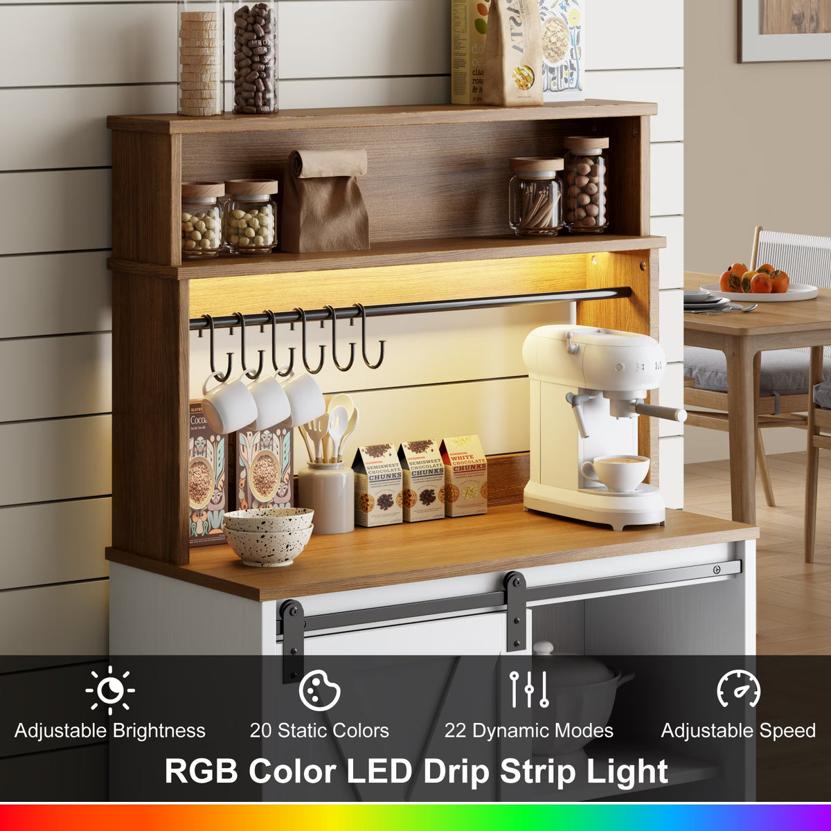 EVOKEDEN Farmhouse Coffee Bar Cabinet w/ LED Light 55'' Bakers Rack w/ Storage White