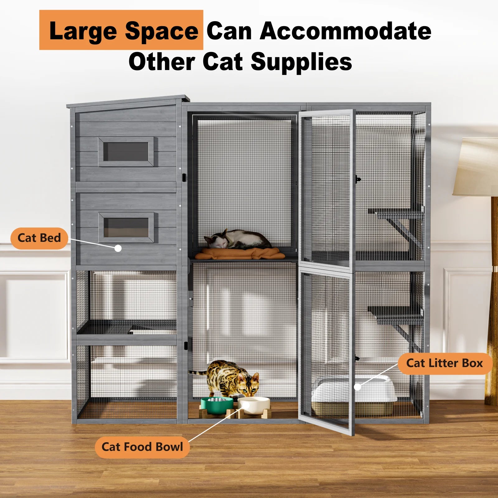 TIMHAKA 4 Tier Catio Outdoor Cat Enclosure, DIY Large Cat Cages Indoor with Window for 3 Cats, Cat Playpens with Resting Box, Platform, Waterproof Roof & Large Door, 76" L x 32.9" W x 70.8" H, Gray