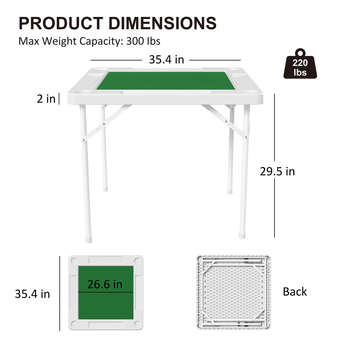 EVOKEDEN 35.4" Folding Mahjong Table with Cup Holder & Green Felt, Portable Domino Tables for 4 Players, White