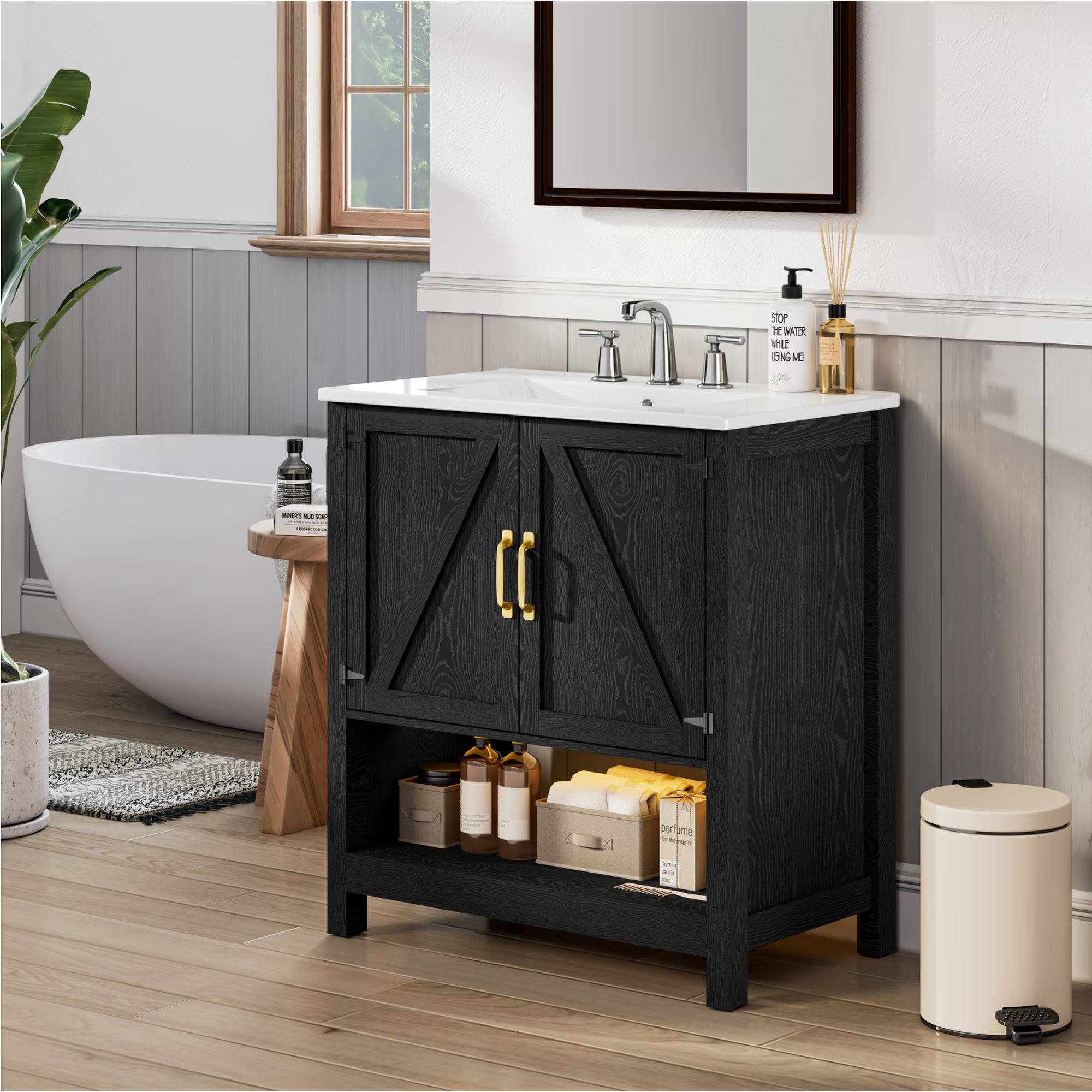 EVOKEDEN 30" Bathroom Vanity w/ Ceramic Sink & LED Light, Freestanding Storage Cabinet w/ Organizer, Black
