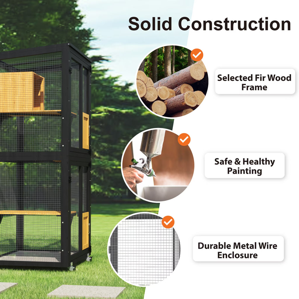 TIMHAKA Outdoor Cat Catio Enclosure, 4 Tiers Indoor Catio w/ Wheels, Resting Box, Waterproof Roof, Black & Yellow