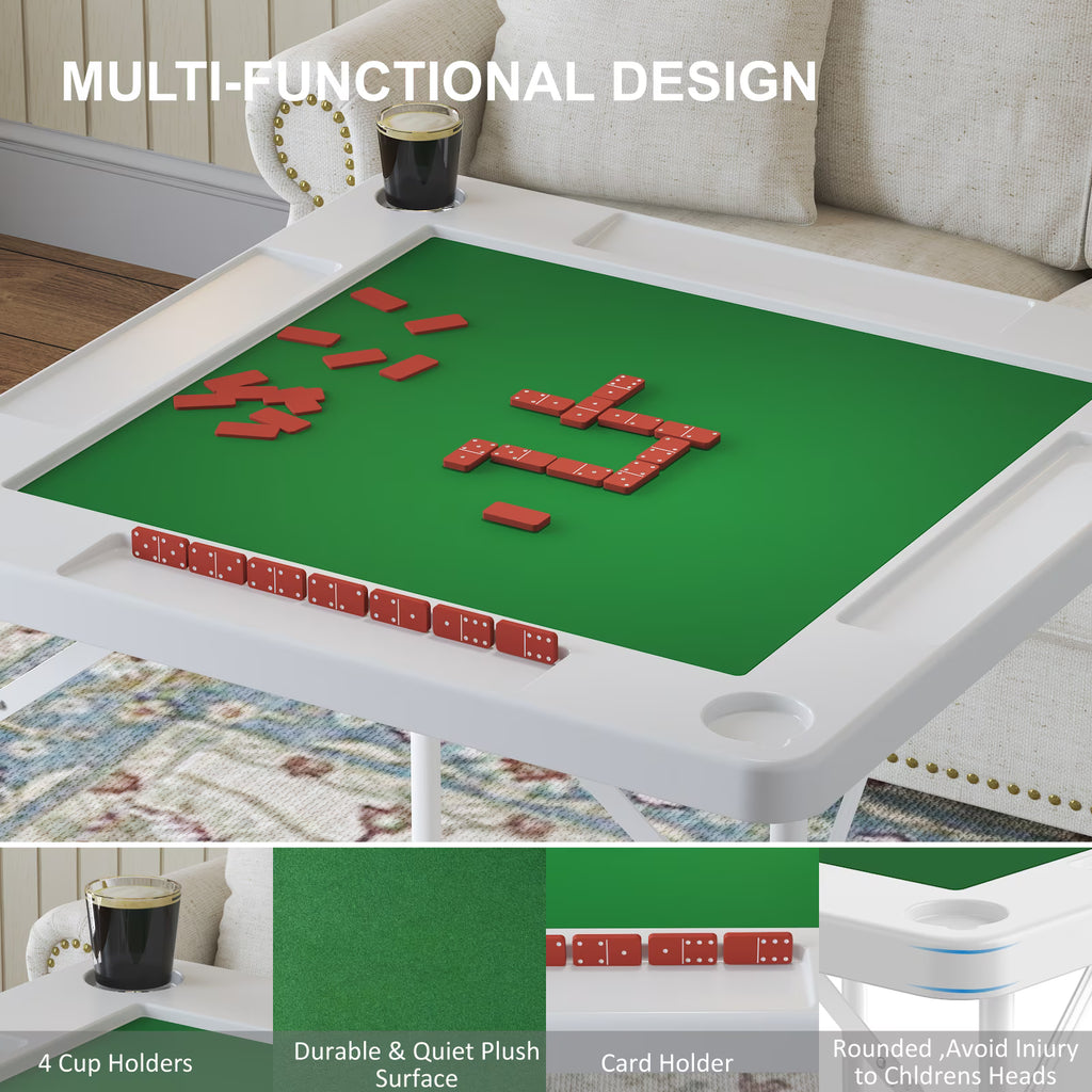 EVOKEDEN 35.4" Folding Mahjong Table with Cup Holder & Green Felt, Portable Domino Tables for 4 Players, White