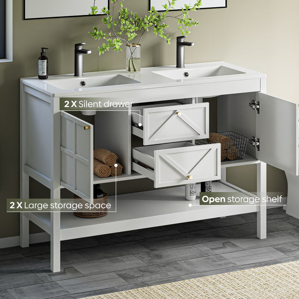 EVOKEDEN 48" Bathroom Vanity with Double Sink Combo, Undermount Sink Bathroom Storage Cabinet with 2 Drawers & 2 Soft-Close Doors, Freestanding Farmhouse Cabinet with Open Storage Shelf, White