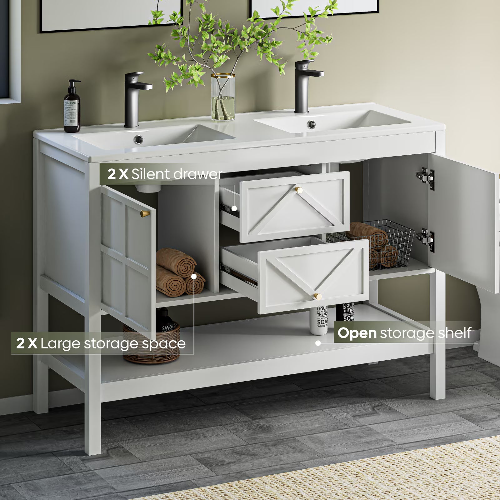 EVOKEDEN 48" Bathroom Vanity with Double Sink Combo, Undermount Sink Bathroom Storage Cabinet with 2 Drawers & 2 Soft-Close Doors, Freestanding Farmhouse Cabinet with Open Storage Shelf, White