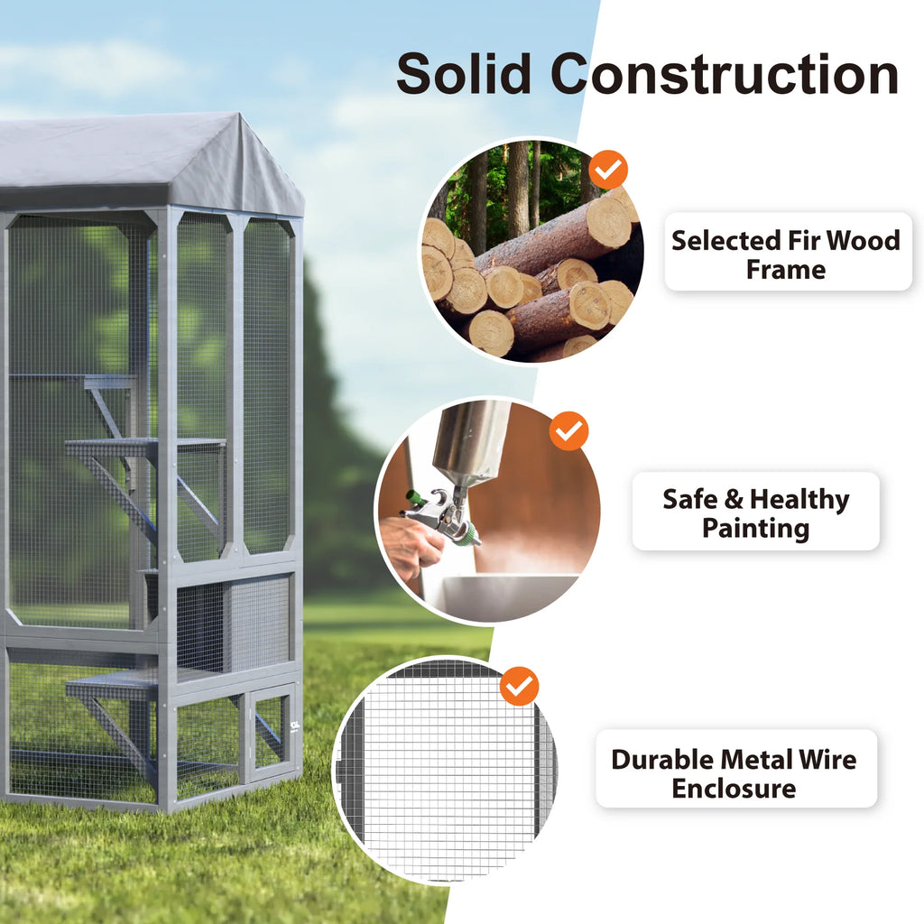 TIMHAKA 72” Catio Outdoor Cat Enclosure, Large Cat Catio for Multiple Cats, Outdoor Cats Enclosure with Waterproof Cover, Gray