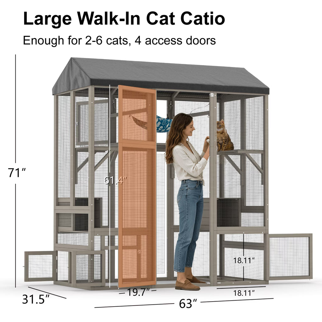 TIMHAKA 71'' Catio Outdoor Cat Enclosure, Large Cat Catio with Window Access, Hammock, 7 Platforms and 2 Resting Box, Gray