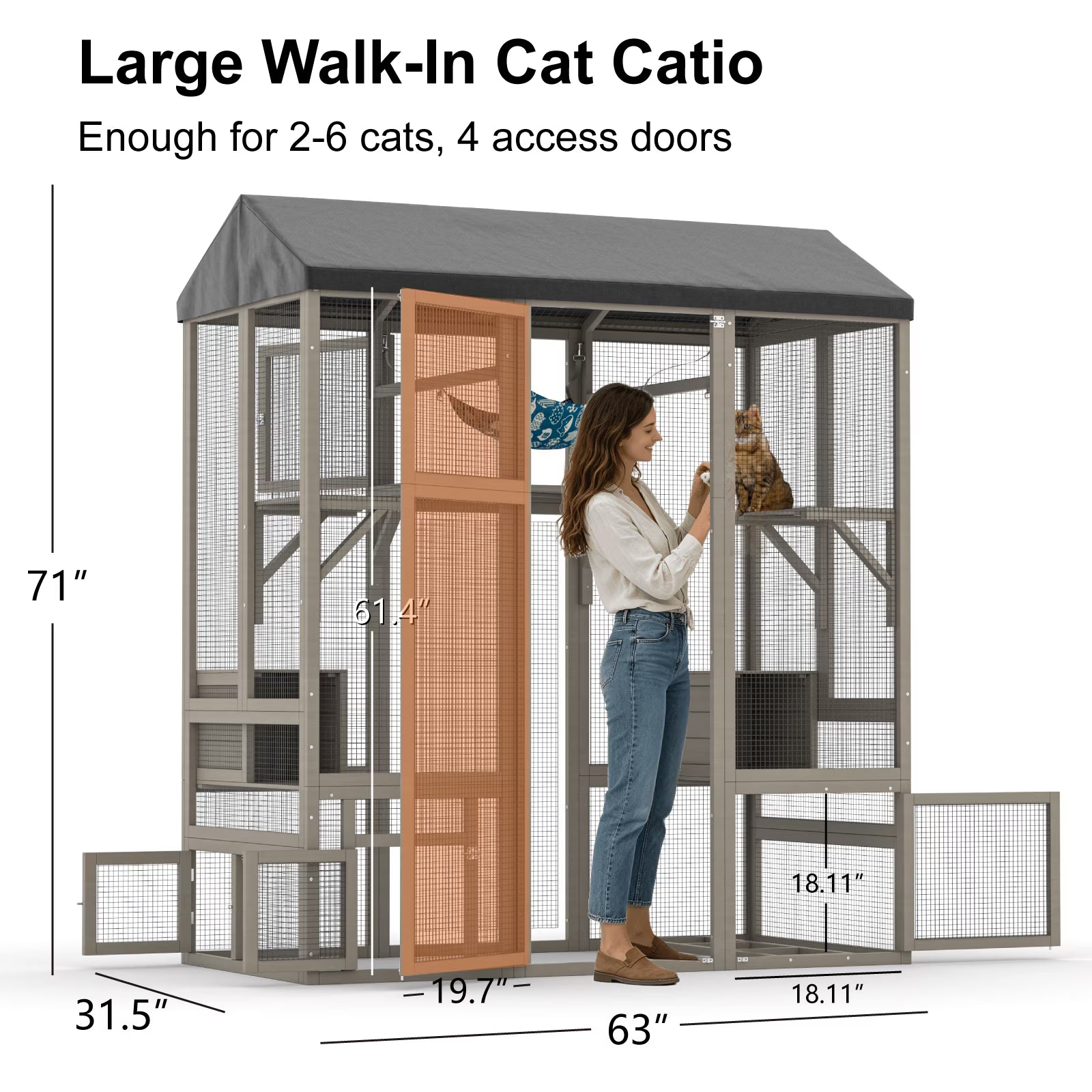 TIMHAKA 71'' Catio Outdoor Cat Enclosure, Large Cat Catio with Window Access, Hammock, 7 Platforms and 2 Resting Box, Gray