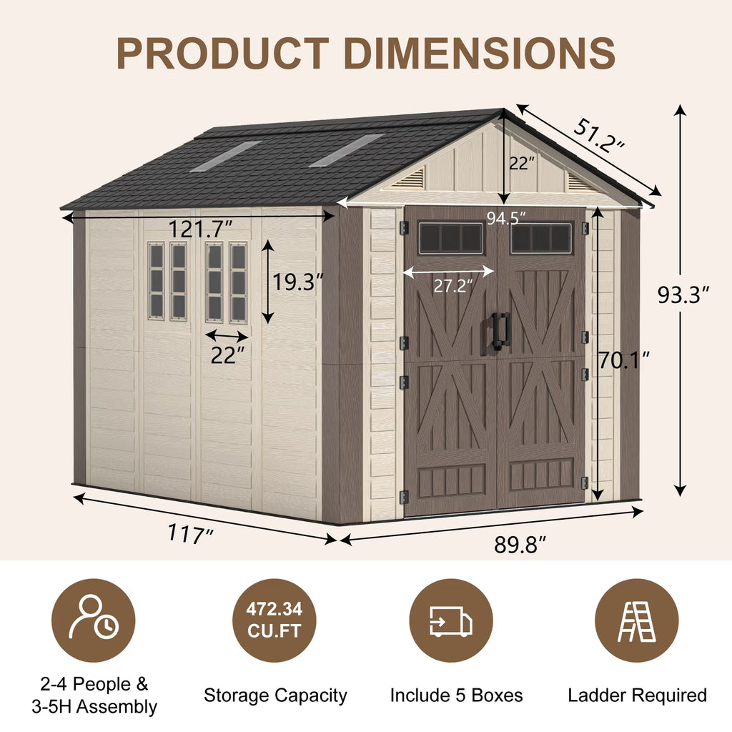 EVOKEDEN 8x10 FT Storage Shed with Floor, Waterproof HDPE Outdoor Tool House with Window & Skylight for Backyard Patio Lawn Pool Mower Bike Supplies