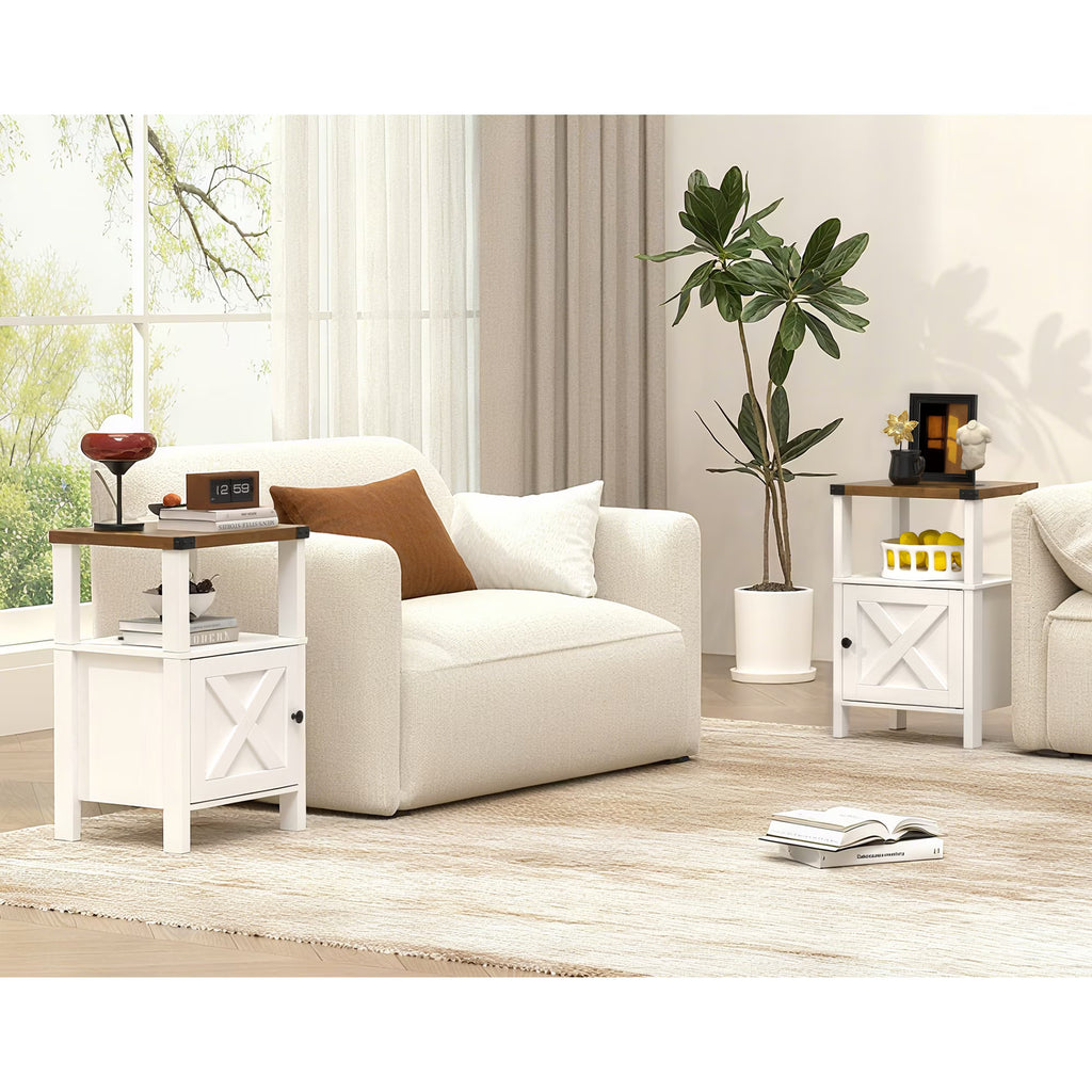 EVOKEDEN 2PCS Farmhouse Nightstands, Sofa Side End Table w/ Storage & Barn Door for Bedroom Living Room White