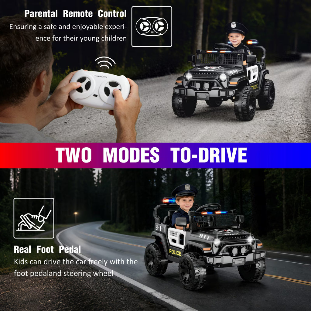 EVOKEDEN 12V Remote Control Ride On Car for Kids, Electric Toddler Police Car with Spring Suspension, LED Lights & Music