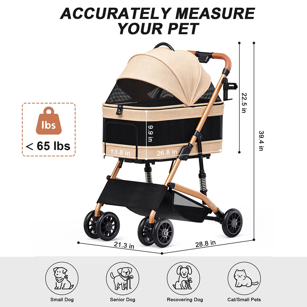 TIMHAKA 3-in-1 Foldable Pet Stroller for Dogs & Cats, Detachable Carrier with Wheels, Khaki