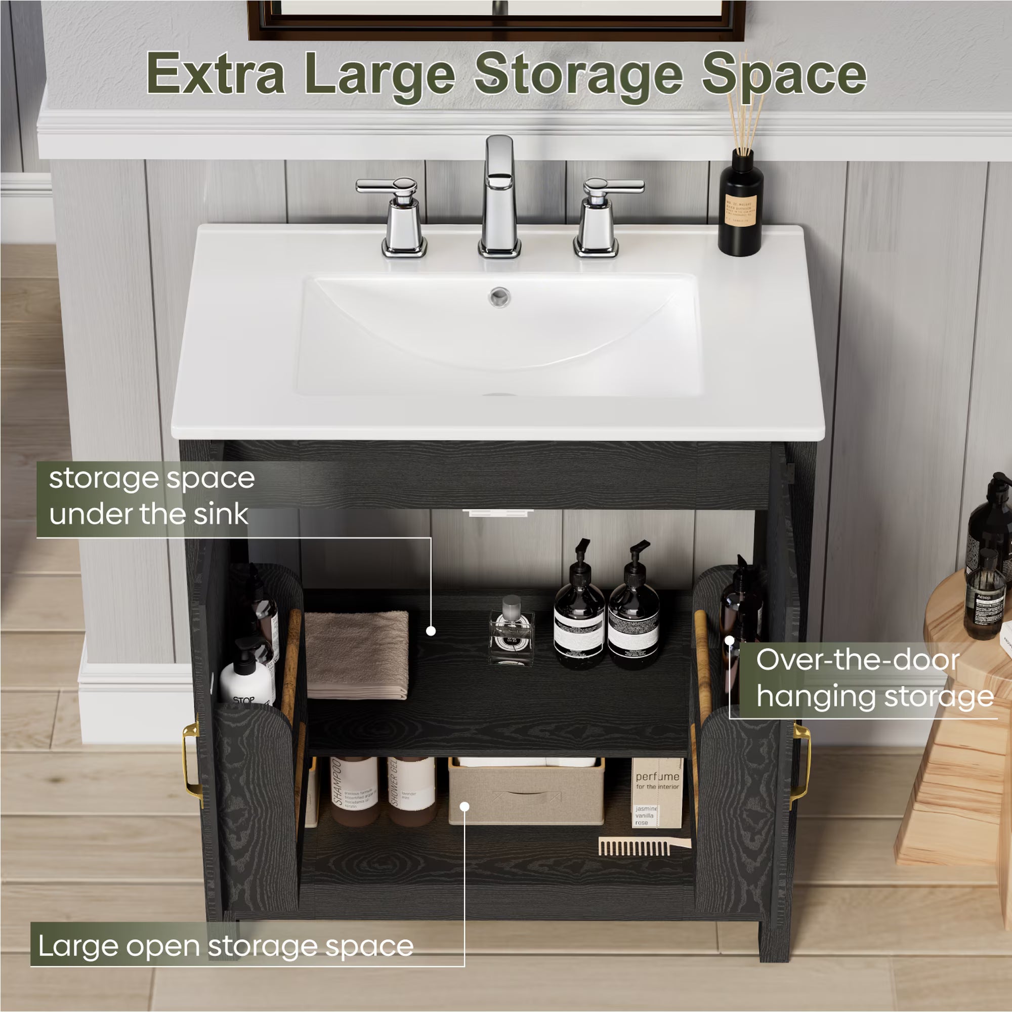 EVOKEDEN 30" Bathroom Vanity w/ Ceramic Sink & LED Light, Freestanding Storage Cabinet w/ Organizer, Black