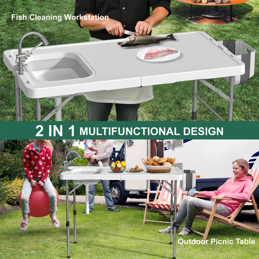 EVOKEDEN 50" Fish Cleaning Table w/ Sink Bi-Folding Portable Camping Sink Station with Drain Hose, Trash Can, Gloves and Cleaning Kits