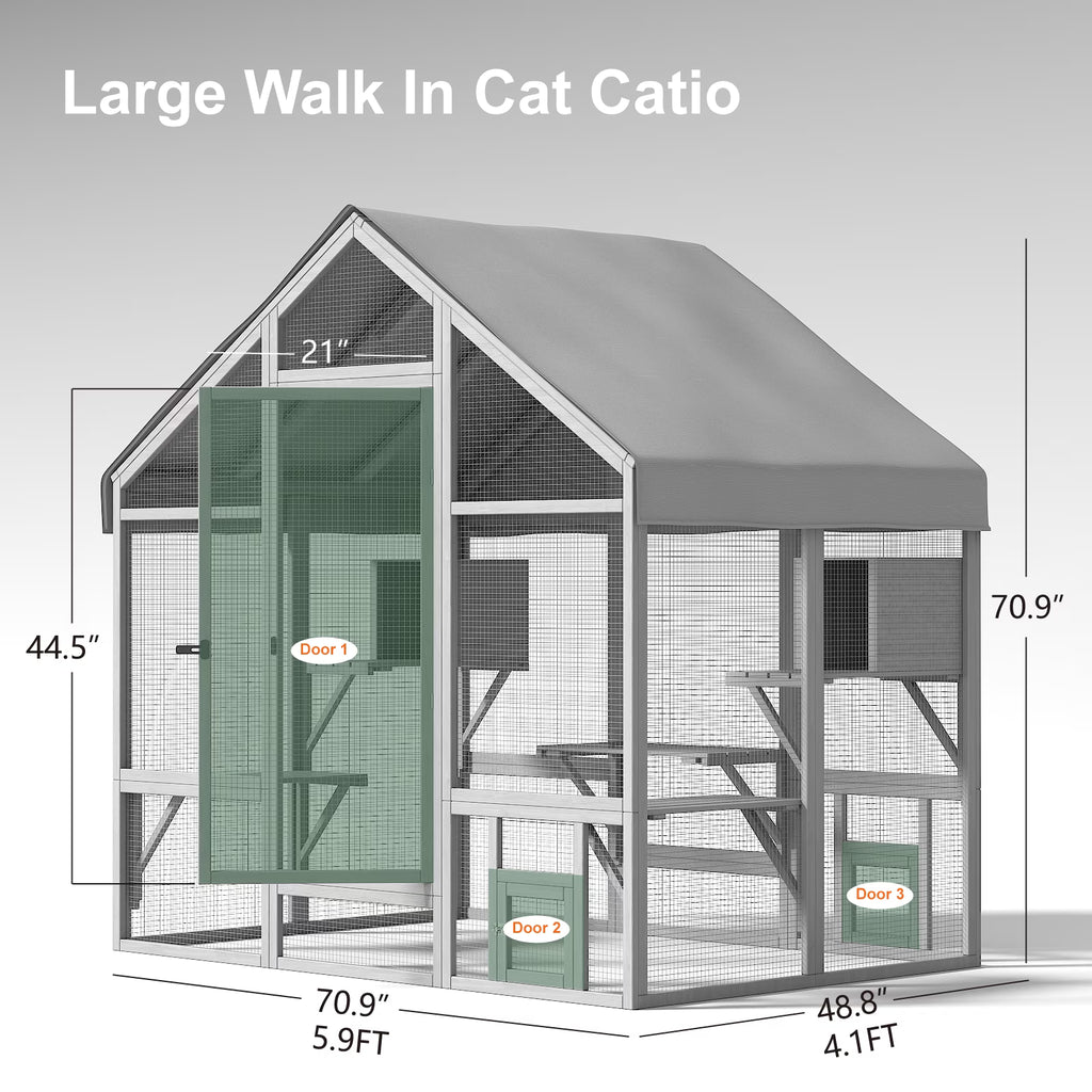 TIMHAKA 71" Large Outdoor Catio Enclosure w/ 7 Tiered Platforms, 2 Premium Resting Boxes, UV-Resistant Cover