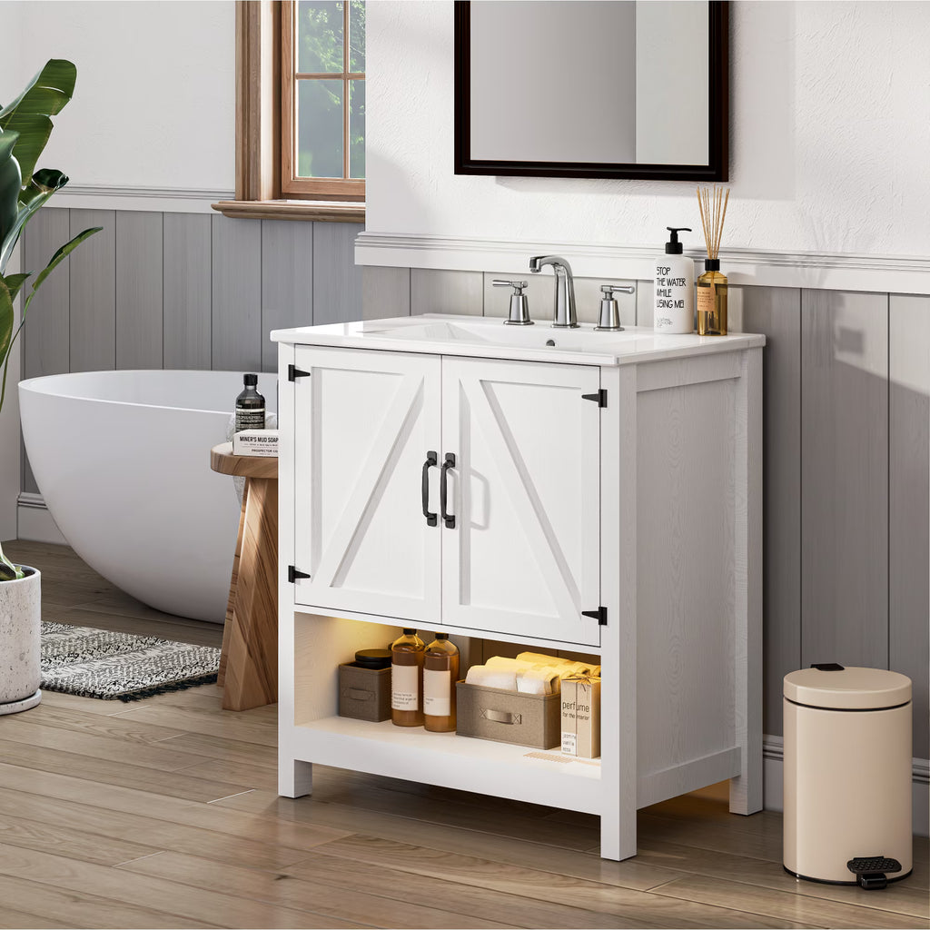 EVOKEDEN 30" Bathroom Vanity w/ Ceramic Sink & LED Light, Freestanding Storage Cabinet w/ Organizer, White