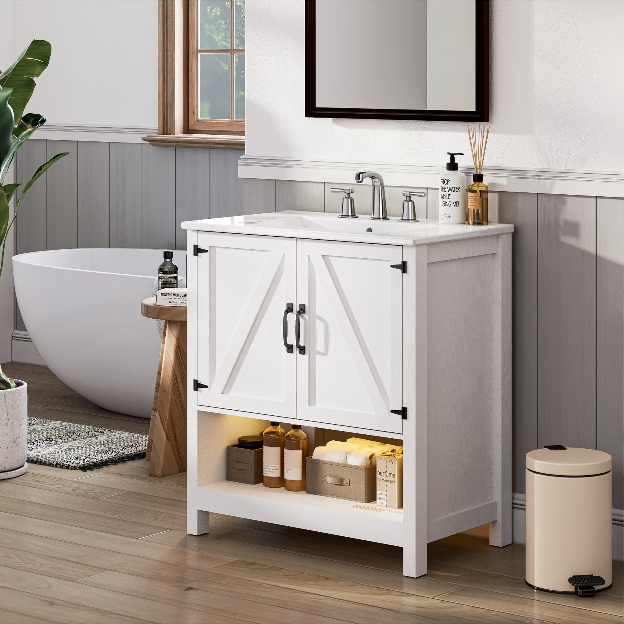 EVOKEDEN 30" Bathroom Vanity w/ Ceramic Sink & LED Light, Freestanding Storage Cabinet w/ Organizer, White
