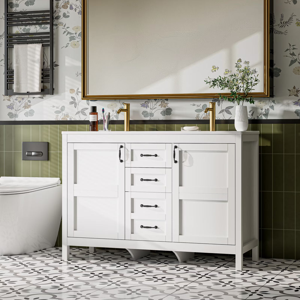 EVOKEDEN 48'' Bathroom Vanity with Sink Combo, Freestanding Farmhouse Thickened Wood Bathroom Storage Cabinet with Undermount Double Sink, 3 Drawers & 2 Soft-Close Doors with Organizers, White