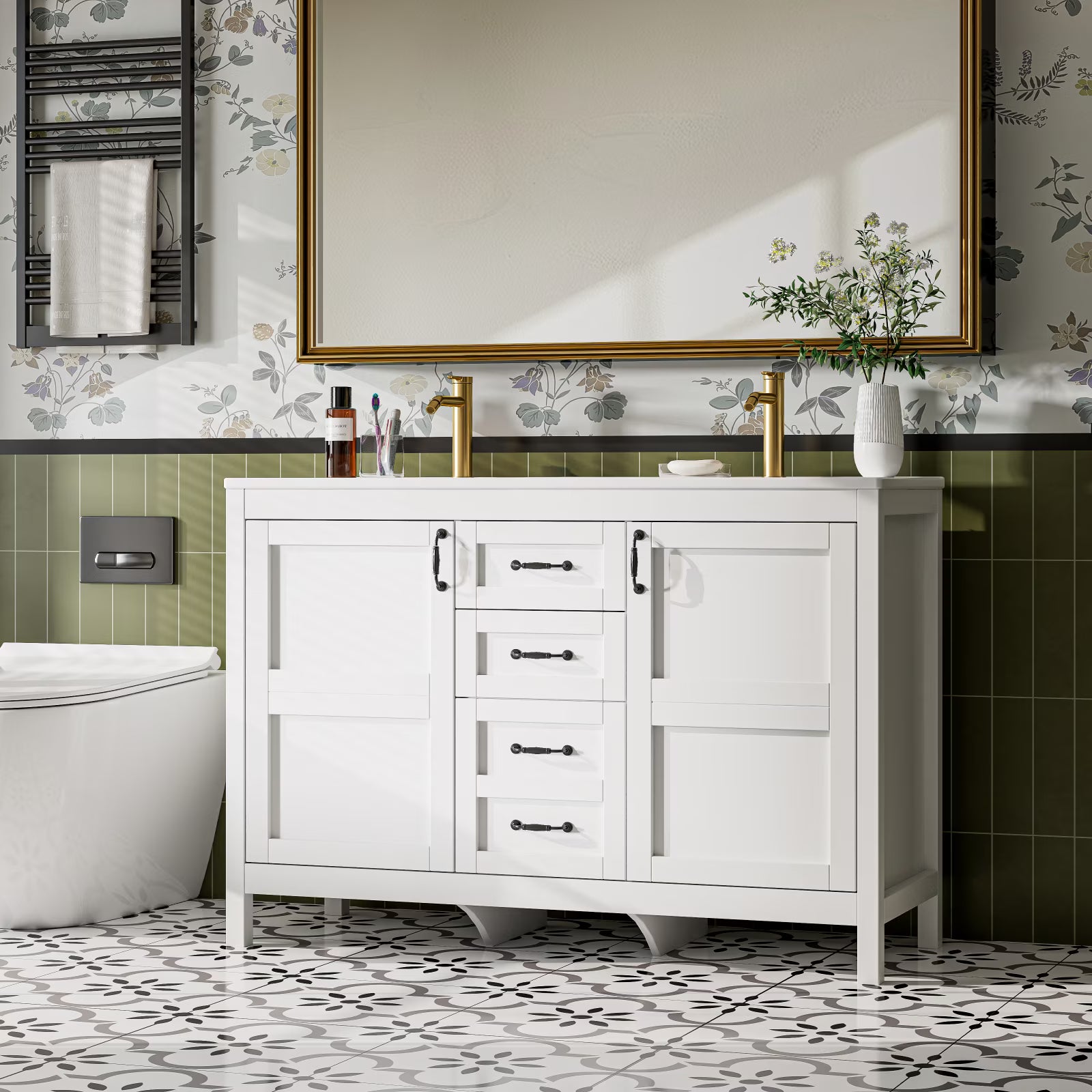 EVOKEDEN 48'' Bathroom Vanity with Sink Combo, Freestanding Farmhouse Thickened Wood Bathroom Storage Cabinet with Undermount Double Sink, 3 Drawers & 2 Soft-Close Doors with Organizers, White